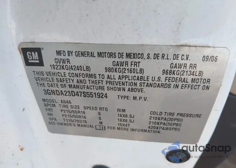 2007 Chevrolet Hhr Lt from USA, damaged, VIN 3GNDA23D47S551924